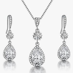 Silver-Tone Teardrop Crystal Necklace and Earrings Set